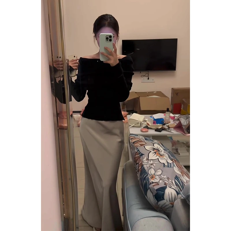 2025春季新款女高级感气质一字肩修身针织上衣缎面高腰显瘦半身裙