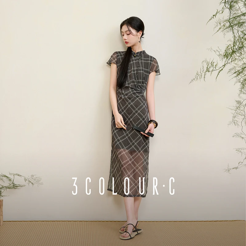0997三彩【暮染烟岚】2025夏季新款新中式格纹雪纺裙连衣裙收db