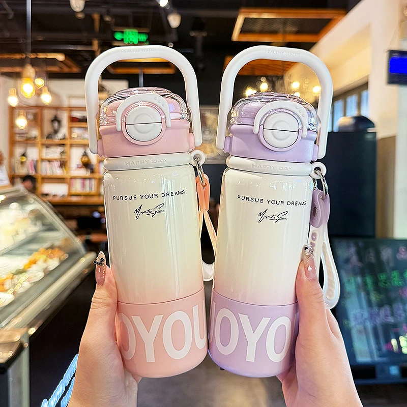 保温杯女生可爱便携316不锈钢高颜值新款把手双饮学生专用吸管杯