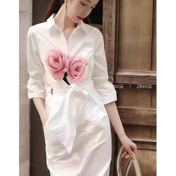 2025夏季新款法式独特绝美小裙子风情万种的白色印花衬衫连衣裙女