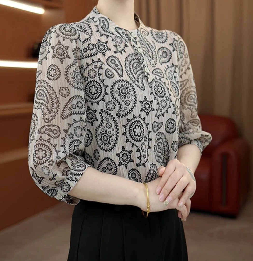 2025洒银工艺新款花色正品春夏季七分袖衬衫气质优雅女士上衣0701