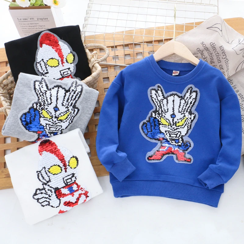 男童秋装新款卫衣圆领双面变色亮片超人上衣儿童纯棉秋冬卫衣