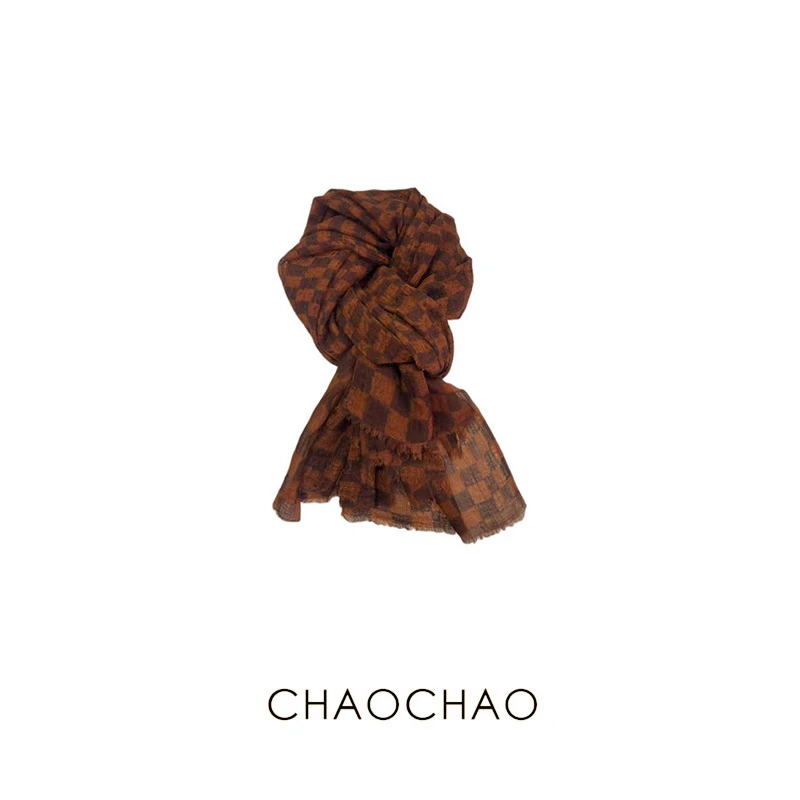 CHAOCHAO | 美拉德棕色围巾氛围感复古咖色格纹披肩保暖高级