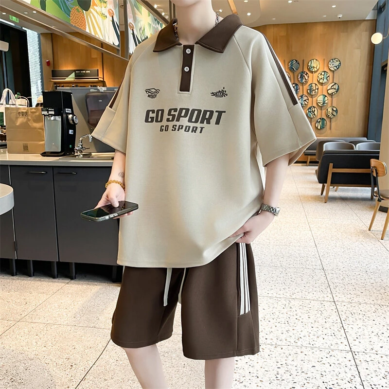 休闲运动套装男生夏季新款学院风短袖polo衫五分短裤宽松连件套装