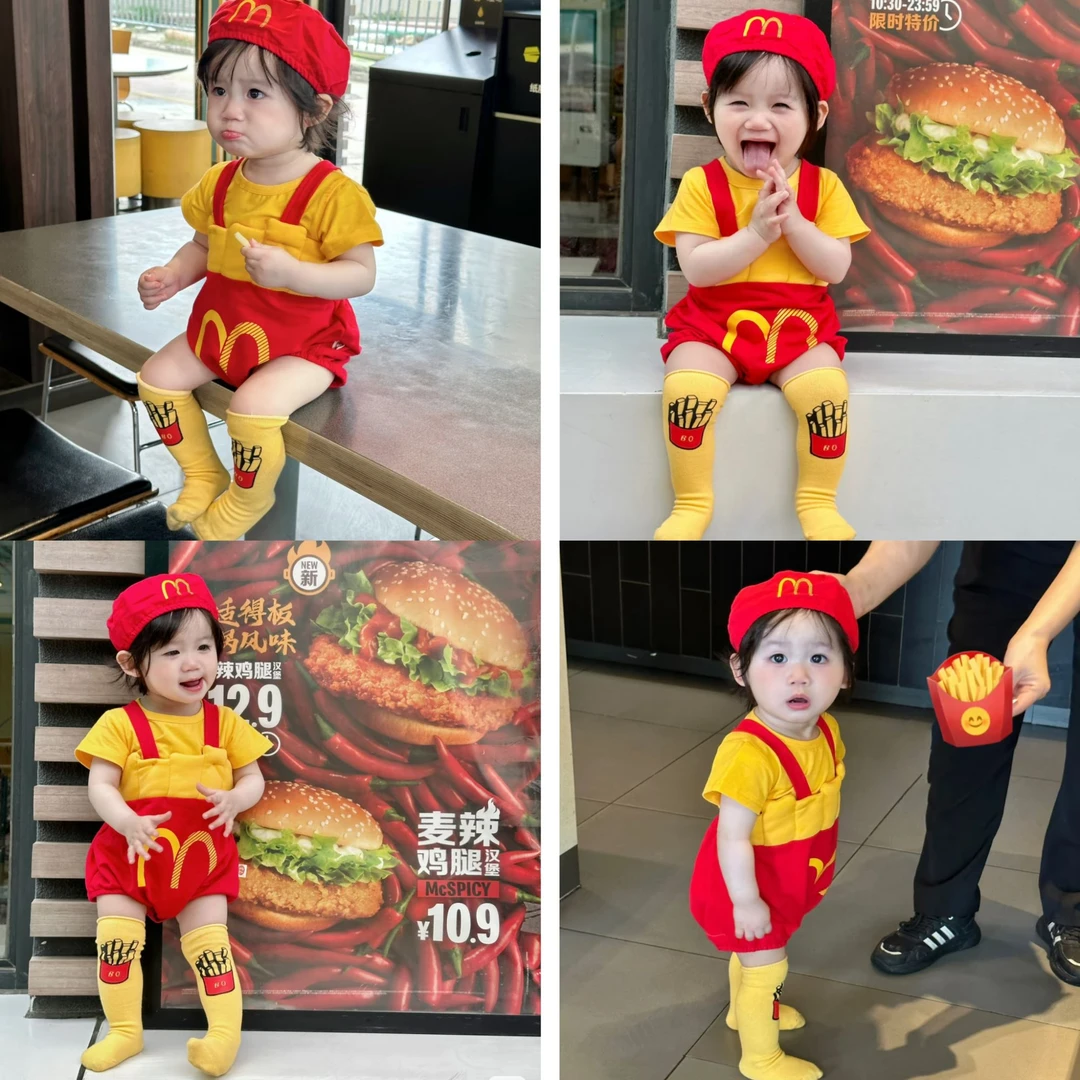 (四件套)潮款造型三角包屁衣棉质薯条男女周岁拍照哈衣NEBEANS