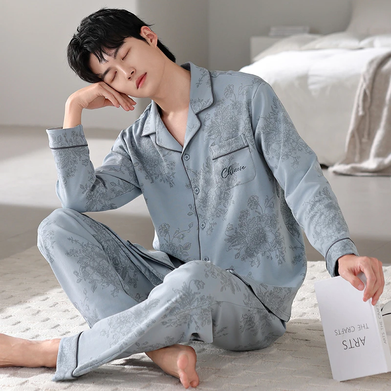 男士睡衣春秋季开衫长袖长裤宽松大码休闲秋冬薄款简约家居服套装