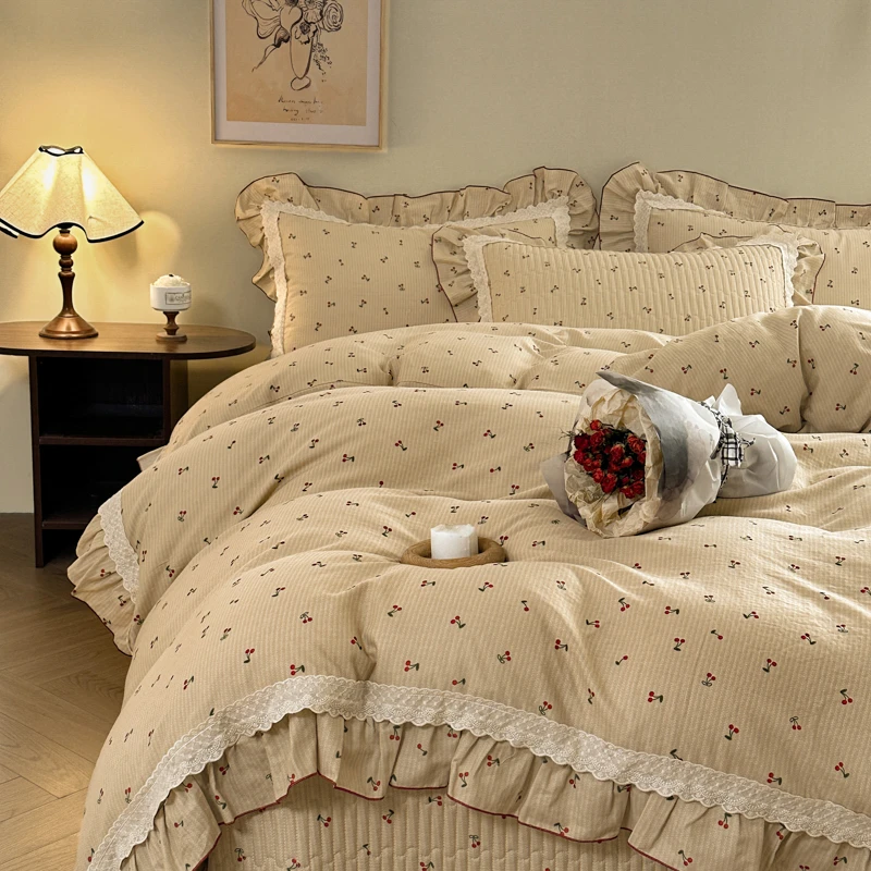 伊伊推荐【双层纱床盖系列】韩式新款双层纱木耳花边床盖款四件套