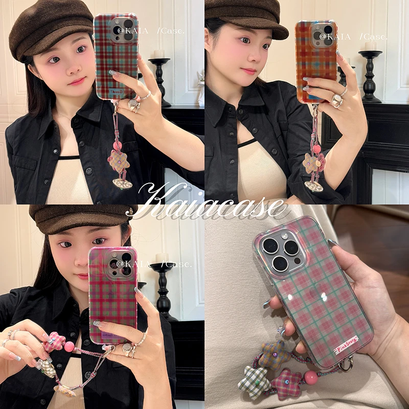 简约格纹花朵适用苹果16promax手机壳华为/荣耀/OPPO/vivo/小米