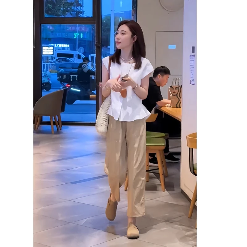 轻奢茶系穿搭一整套时尚套装女夏高级感衬衫显瘦休闲九分裤两件套