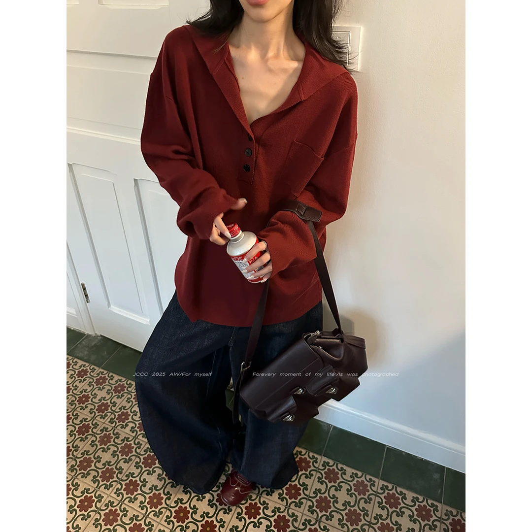 JCCC影子【领航红】红色绵羊毛复古显白海军领针织套头毛衣JE5AZS10