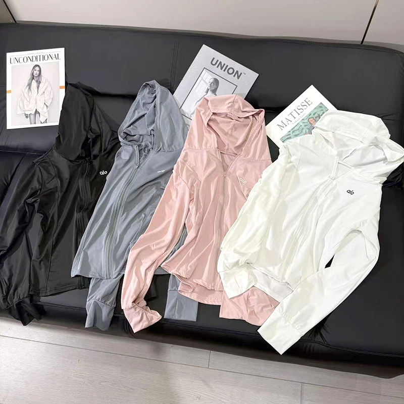 Alo修身显瘦糖果色减龄连帽长袖防晒衣冰丝凉感夏季轻薄透气外套