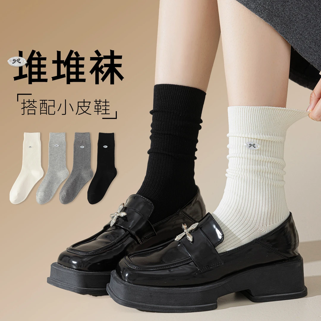 黑白色袜子女春秋季中筒袜可爱蝴蝶结堆堆袜灰色芭蕾风搭配小皮鞋