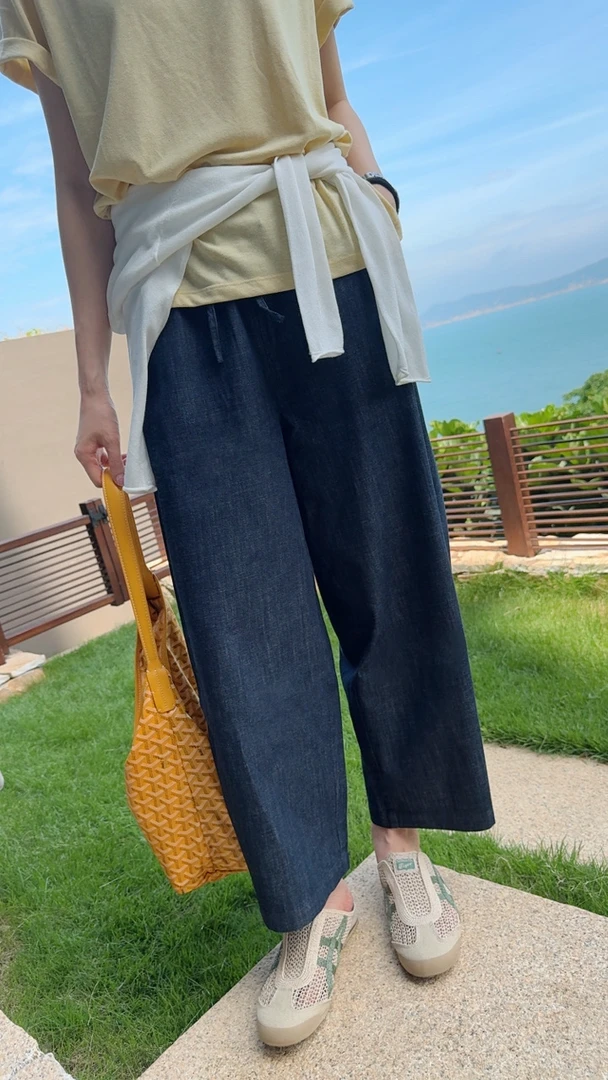 072 & RICE【超薄牛顿裤】100纯棉 夏季休闲松紧九分阔腿裤 32LK87