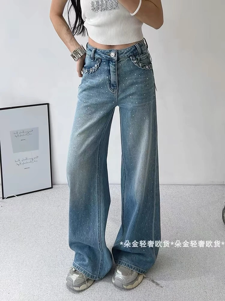 欧货2025春款轻奢重工烫钻亮片高腰直筒裤牛仔裤小众高品质拖地裤