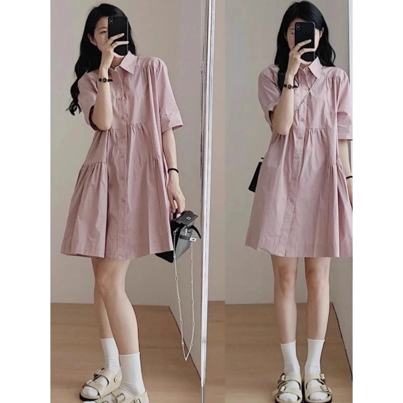 小个子气质短袖衬衫连衣裙女夏2025新款法式显瘦港味复古chic裙子