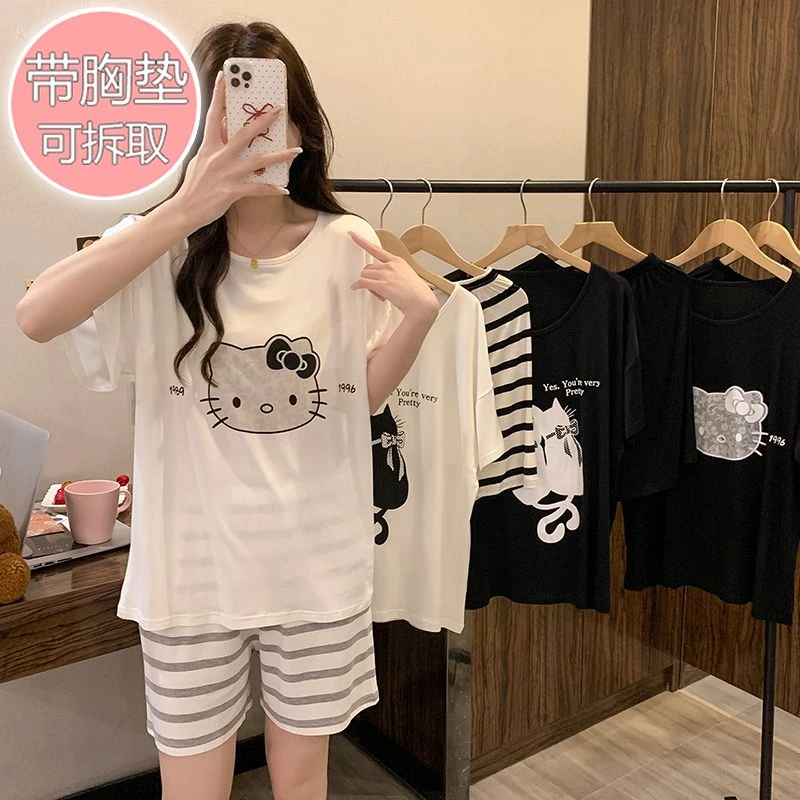 带胸垫睡衣女夏季短袖短裤莫代尔薄款宽松套装家居服加大码200斤