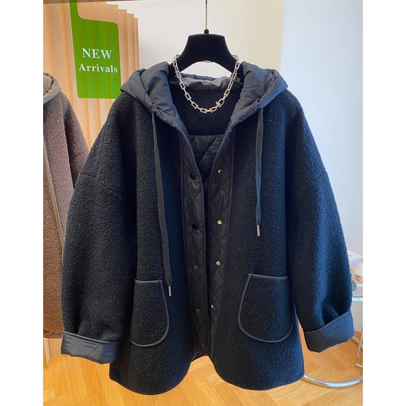P683黑色中长款毛茸茸棉服女冬季新款宽松高级感连帽夹棉大衣外套