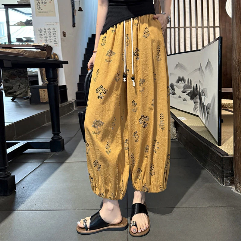 XVRV【夏上新】法式棉麻九分裤女薄款显瘦宽松垂感冰丝亚麻灯笼裤