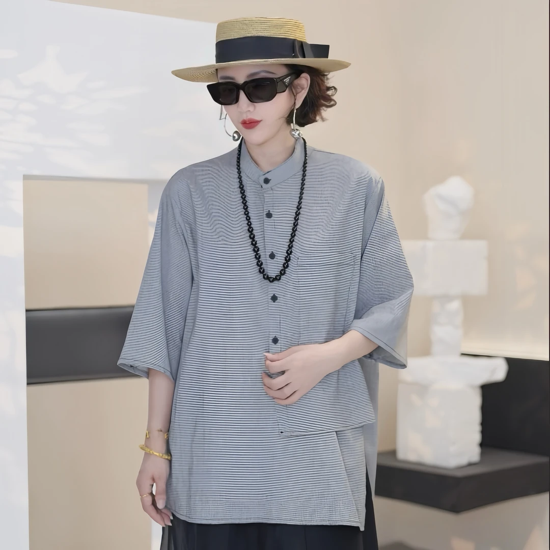 韩版休闲圆领夏季新款半袖潮流宽松时尚不规则设计感短袖女衬衫