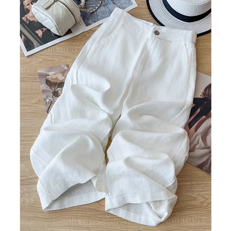 拉夏贝尔白色阔腿裤女夏季薄款2025新款宽松九分裤抗皱显瘦直筒裤