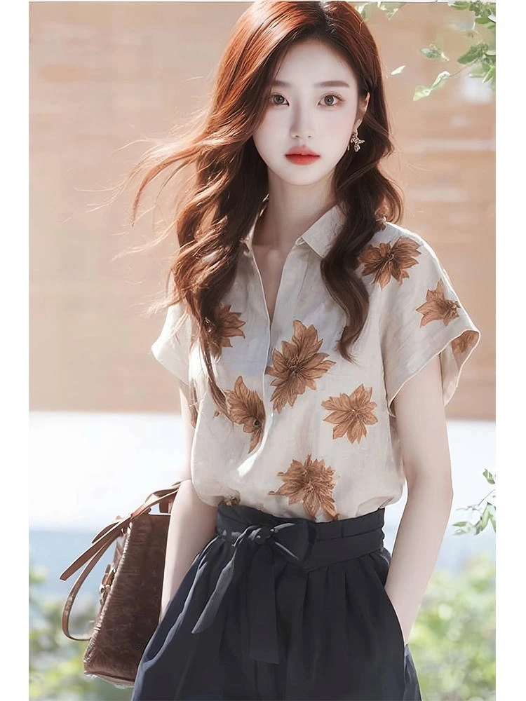 POLO领印花领短袖衬衫女2025夏季新款设计感小众独特别致薄款上衣