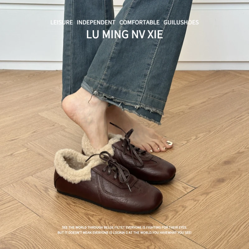 羊皮版~2025秋冬新款德训鞋女加绒保暖系带时尚休闲鞋毛毛鞋冬季