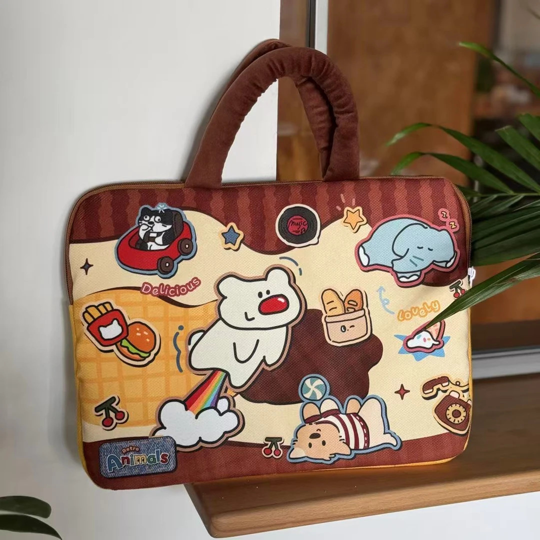 三年二班美拉德色系拼布红鼻子熊加厚A4文件包平板电脑包补习袋 W