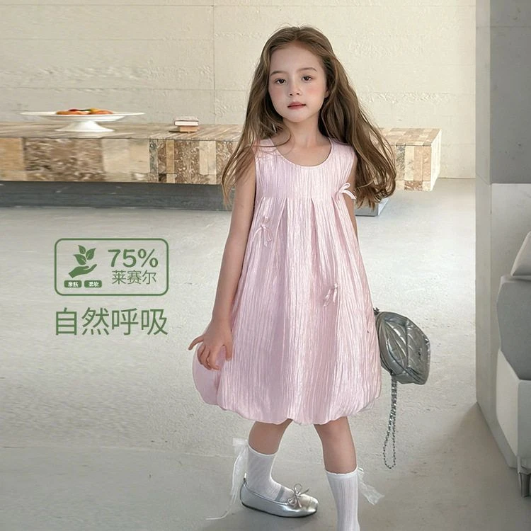 图图小象女童连衣裙2025夏季新款天丝褶皱光泽粉色花苞无袖背心裙