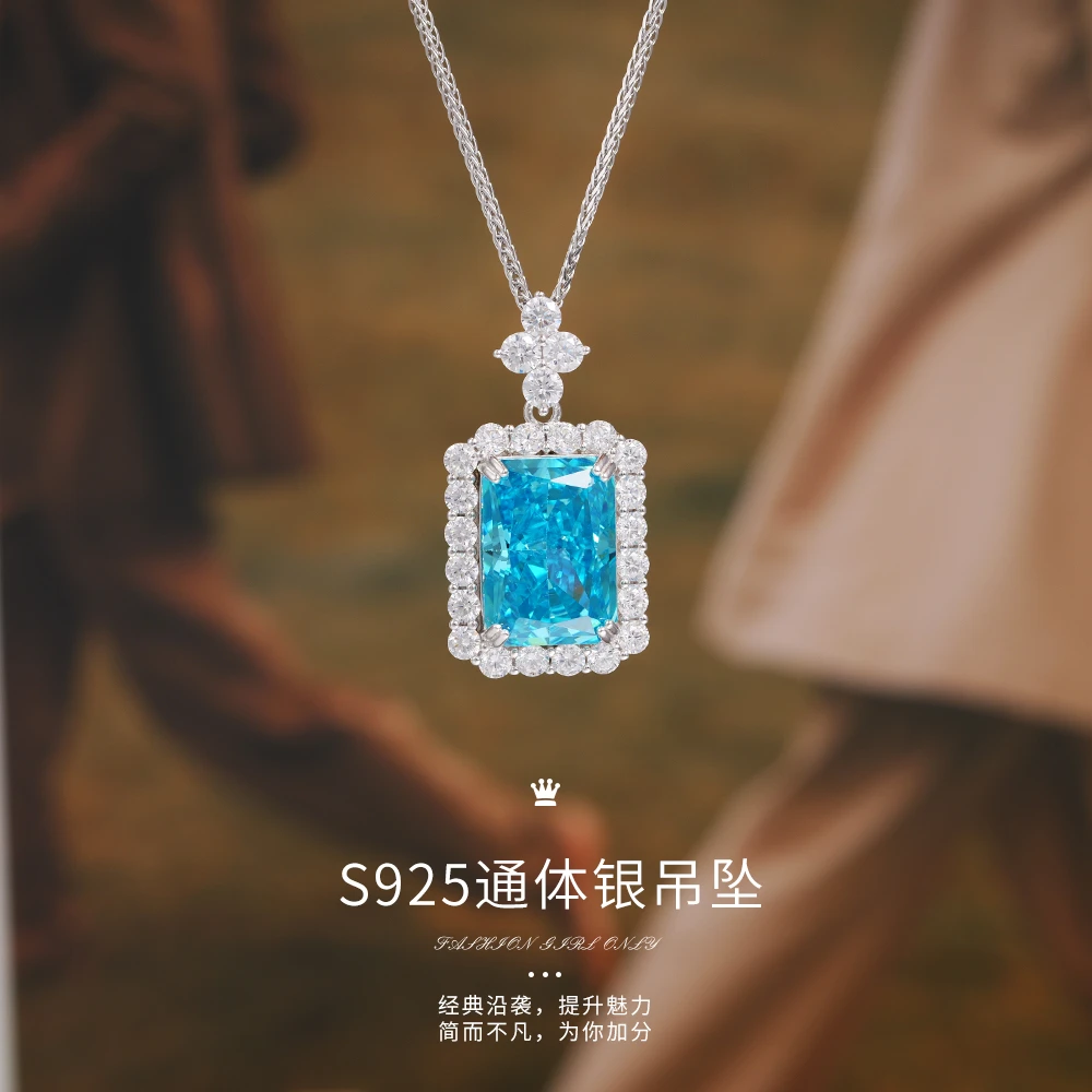 坠链均925银合成锆石 通体银大吊坠项链轻奢蓝色气质时尚百搭经典