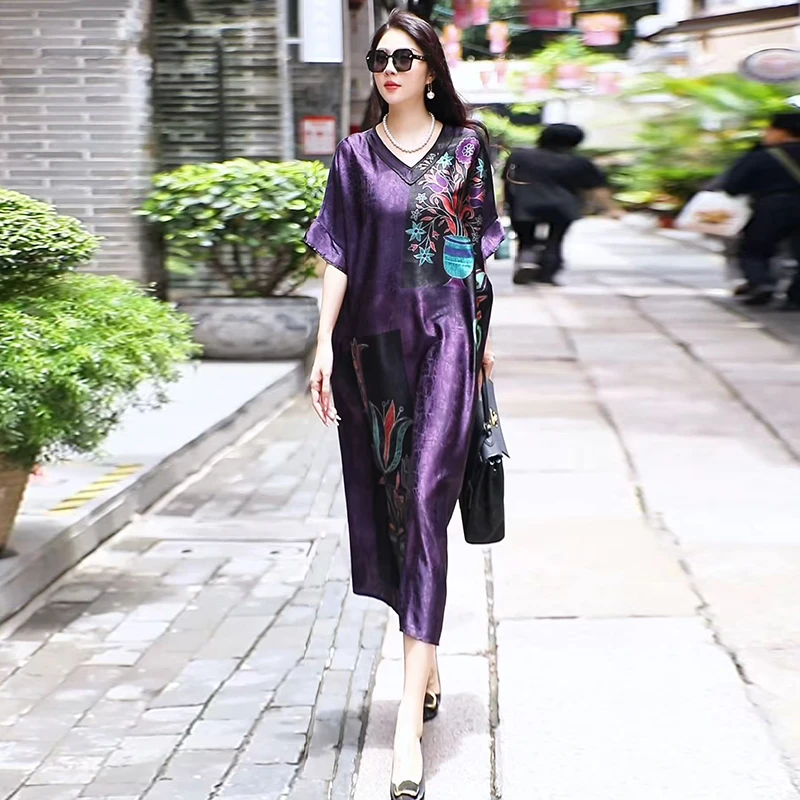 高品质印花连衣裙夏季新款宽松遮肚中长裙轻奢风阔太太洋气长裙子