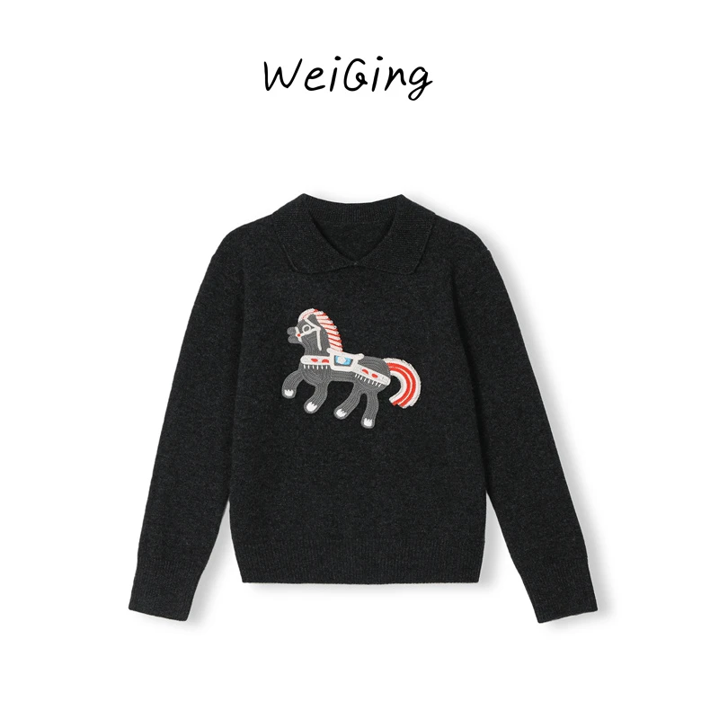 【丹姐家-彩色小马翻领羊毛衫】100%羊毛！不可机洗！高级感灰色翻