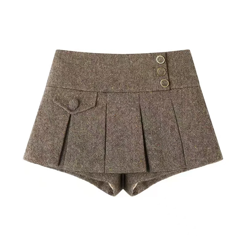 【Q042】秋季压褶彩点呢短半裙