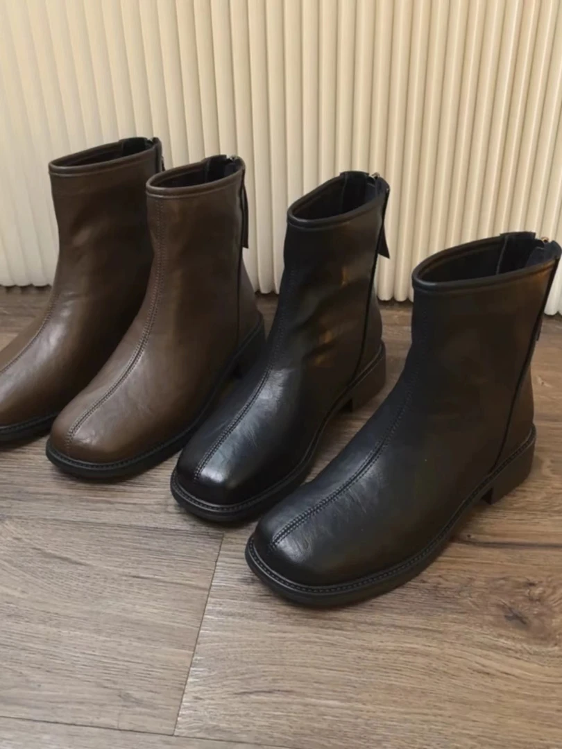 冬新款韩版通勤瘦瘦简约粗跟裸靴短靴5828-2(不加绒)