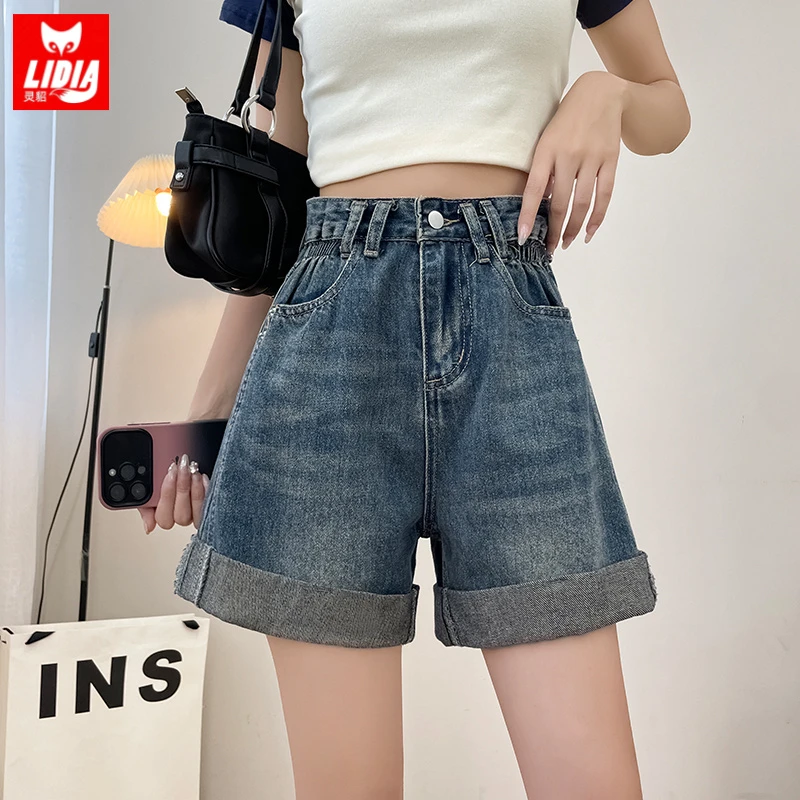 牛仔短裤女夏季薄款2025新款高腰显瘦辣妹磨破洞卷边宽松阔腿A字