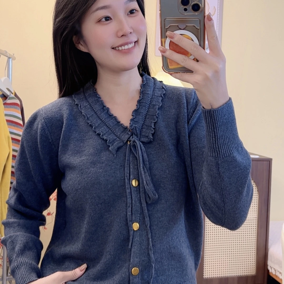 【绑带荷叶领】灰色套头毛衣早秋季新款上衣女冬季保暖外套Y0005灰
