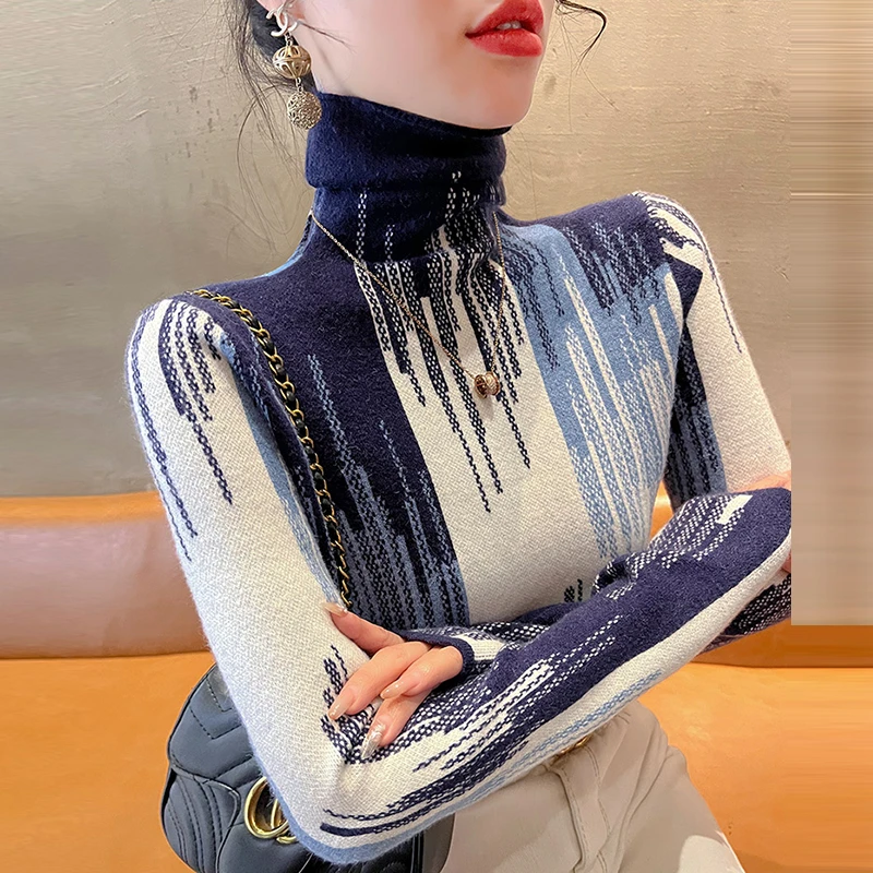 100纯羊毛衫女士秋冬堆堆领时尚打底衫修身高领加厚洋气羊绒毛衣