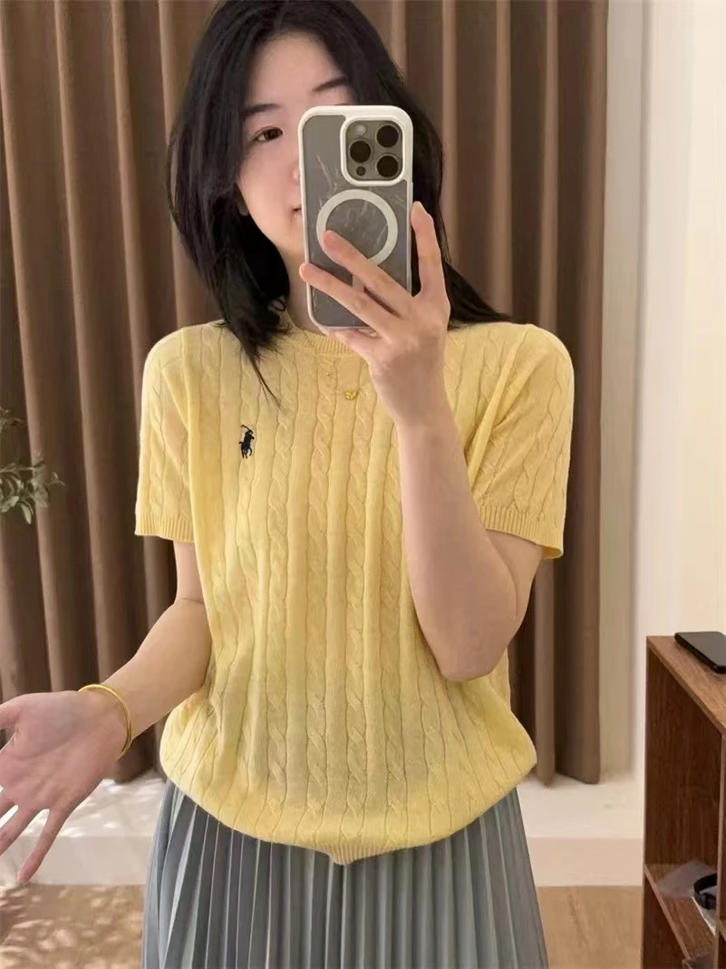 套头款套头短袖纯色圆领不起球毛针织衫镂空时尚上衣薄款