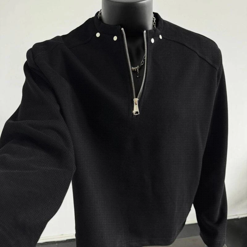 美式半拉链华夫格卫衣男春秋高街柳钉长袖T恤衫痞帅宽松休闲外套