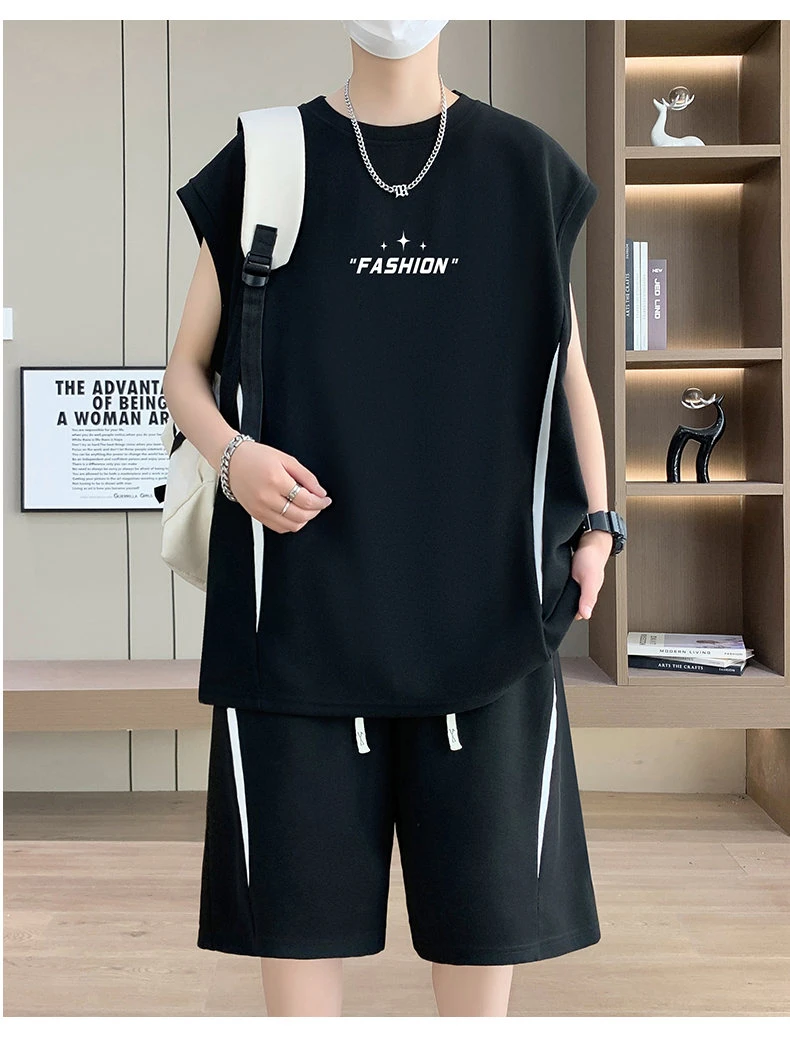 2025夏季青少年宽松港风坎肩套装无袖背心潮流休闲帅气韩版套装