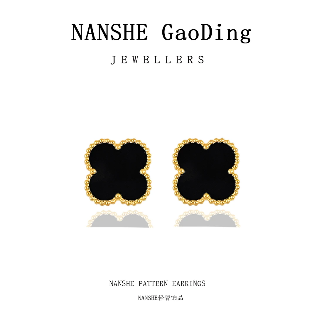 【香港出口仓】NANSHE/南奢 黑色四叶草耳钉简约