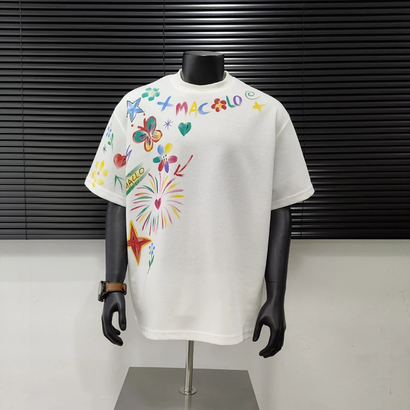 美式高街手绘T恤男夏美式设计感情侣印花短袖潮牌百搭休闲上衣潮