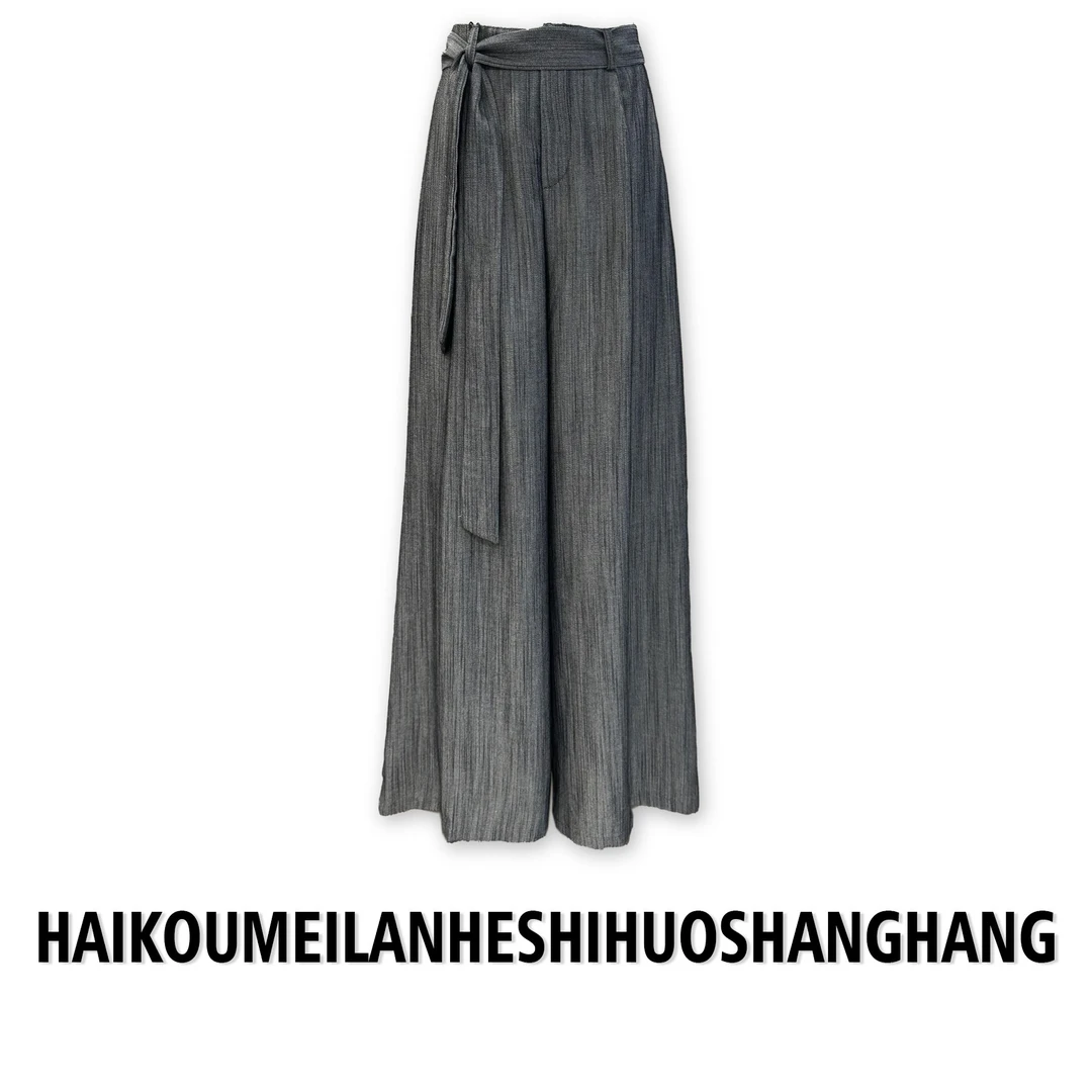 【ZZ严选】6686 66102夏季麻感高腰长裤女大裤腿配腰带绑带休闲裤子