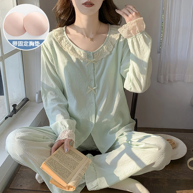 休闲风2025新款清新绿色睡衣女带胸垫春秋长袖甜美蕾丝家居服套装
