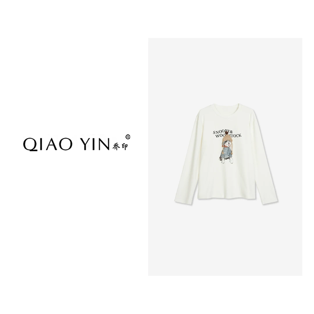 QIAO YIN"T恤“长袖磨毛印花美式复古女秋季晕染圆领T恤QY28655