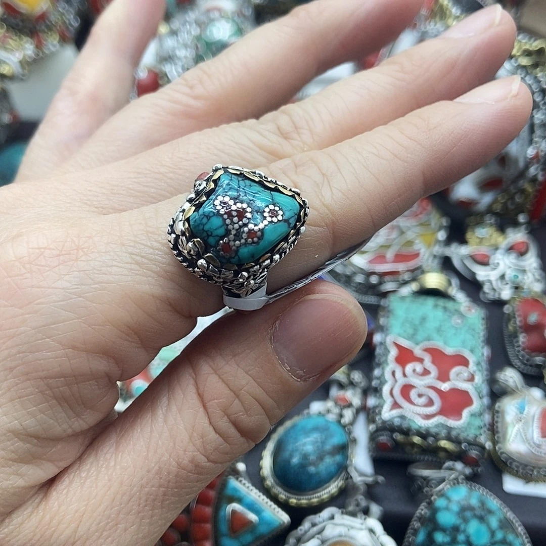 绿松石银S925镶嵌戒指坤尼泊尔手工制作