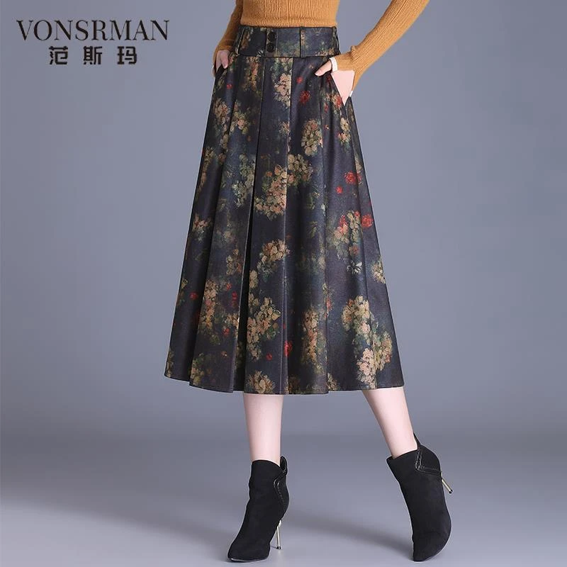 毛呢印花裙压褶半身裙秋季女2025新款高腰显瘦中长款遮肚子A字裙a