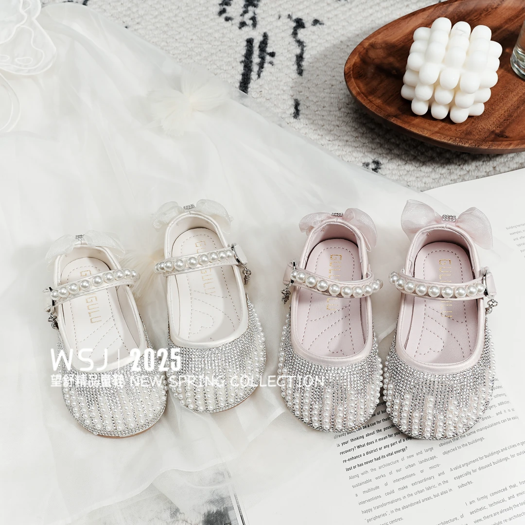 望舒家2025女童水钻珍珠公主单鞋小女孩春季软底百搭小皮鞋1128