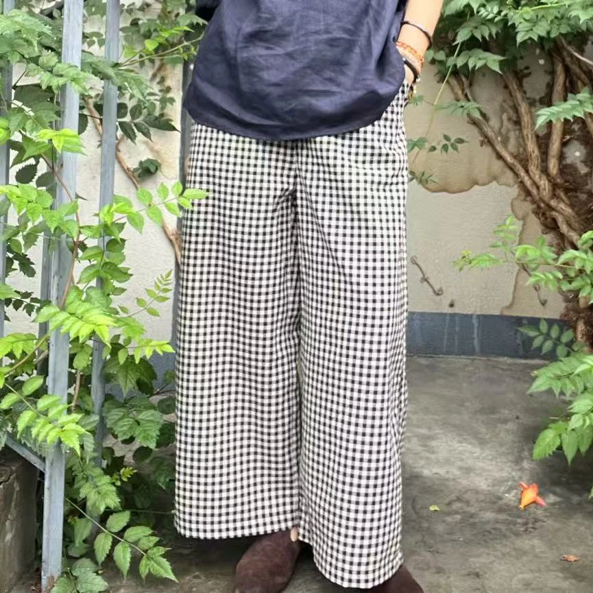 【竹外知时】9分棉麻直筒格子裤