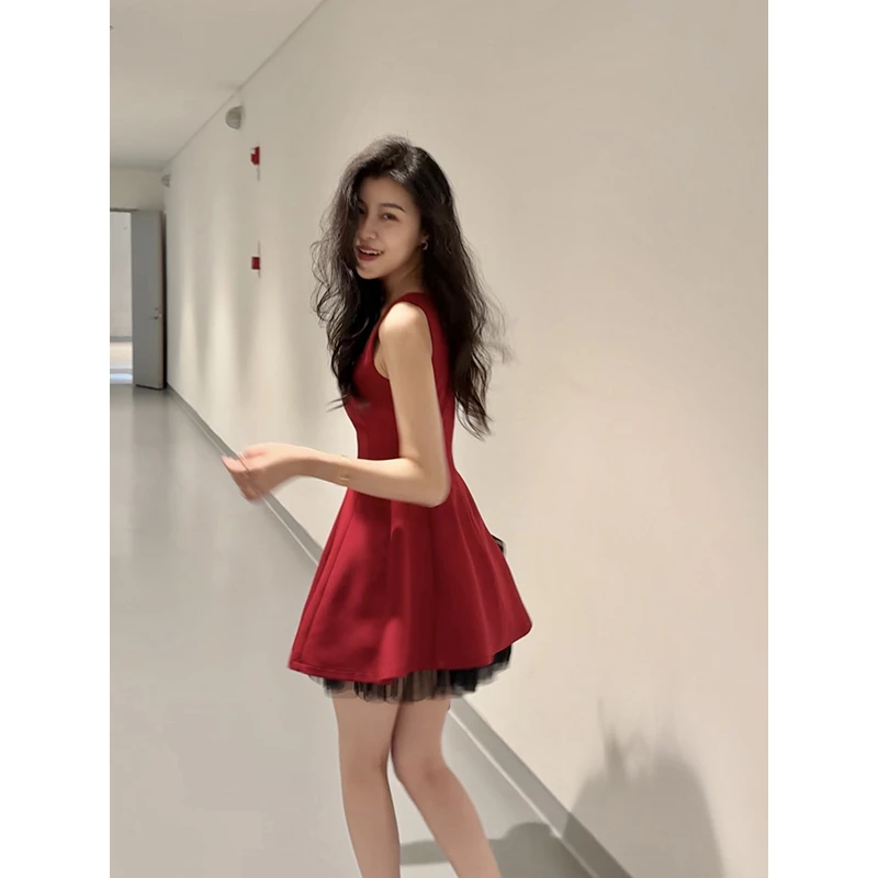 张阿星【玫瑰梦境】明媚耀眼赫本红吊带裙辣妹微蓬无袖连衣裙A字裙