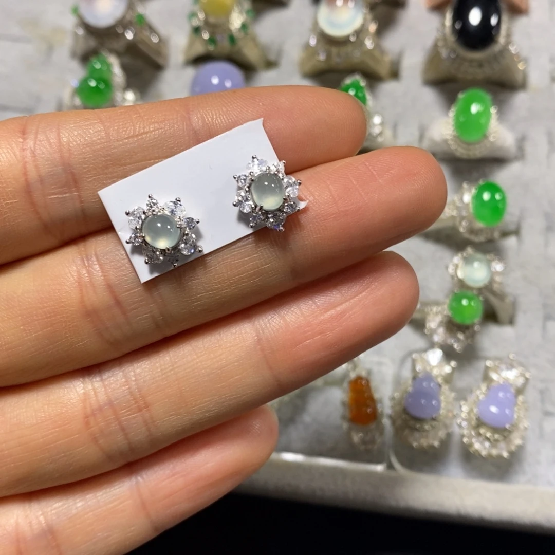 翡翠银S925镶嵌耳饰耳钉
